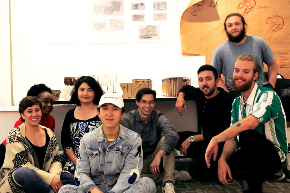 School of Architecture students who worked on housing for the homeless project: (back, L–R) Christina Smith, Annie Mulowayi, Shadi Vakilian, Qiyang Xu, Kyle Lanzer, Cristo Staedler, Mateo Sperry, (front) Artur Festugato Regalin. Photo by Erasmo Guerra.
